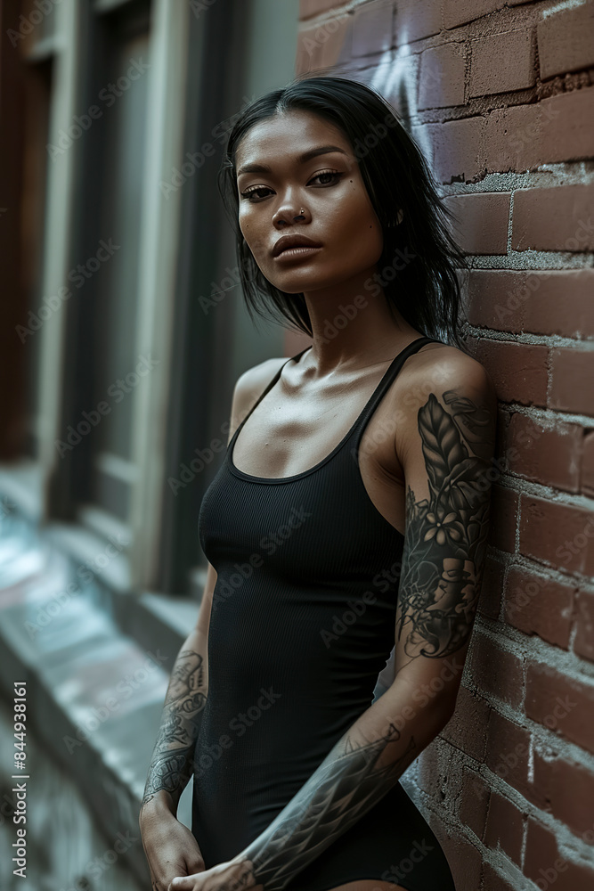 Fototapeta premium Awoman with tattoos on her arms stands in front of a brick wall. She is wearing a black tank top and black shorts. The image has a moody and edgy feel to it, with the woman's tattoos