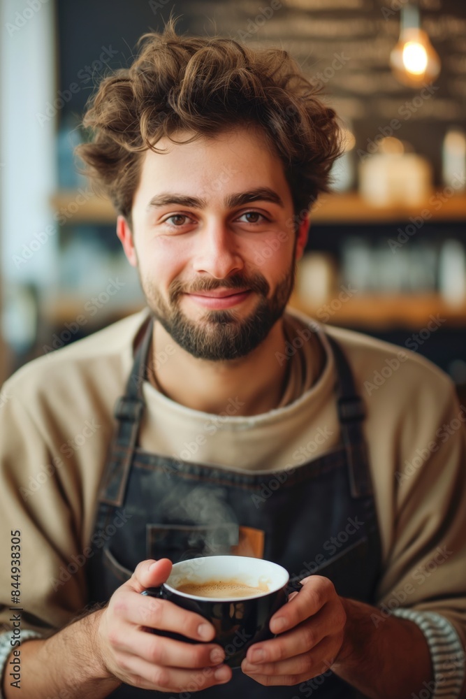 Proud young barista in a cozy coffee shop, holding a steaming cup, exudes happiness and satisfaction in his work, creating a welcoming atmosphere Proud young barista in a cozy coffee shop, holding a steaming cup, exudes happiness and satisfaction in his work, creating a welcoming atmosphere