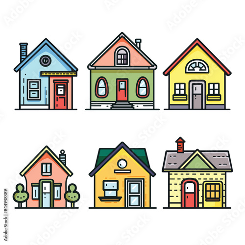 Six colorful cartoon houses displayed two rows, distinct architectural styles, suburban theme. Brightly colored facades cartoon family homes, simplistic style playful aesthetic. Illustration various