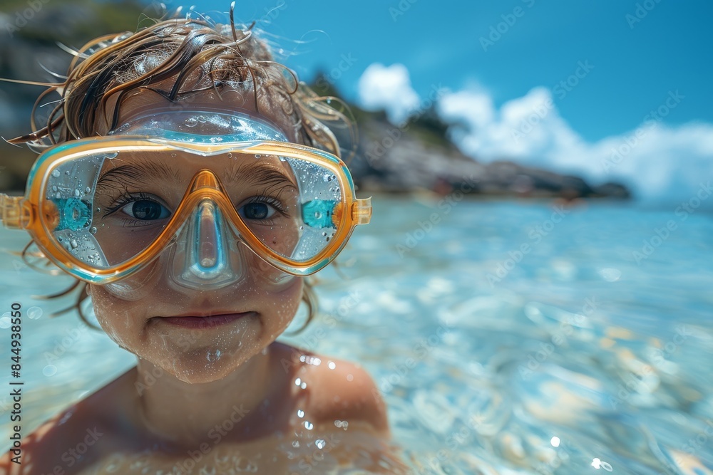 Naklejka premium A wet-haired boy sports a snorkeling mask, immersed in the crystal-clear blue sea