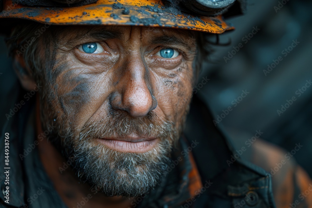 Close-up of a serious miner with blue eyes and helmet, showing an introspective look and dirt Close-up of a serious miner with blue eyes and helmet, showing an introspective look and dirt