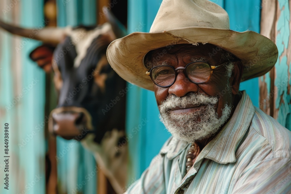 A man partially visible wearing a straw hat with a cow peeking from behind in a rural setting