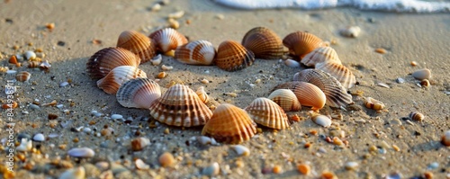 Seashells arranged in a heart shape on the beach photo