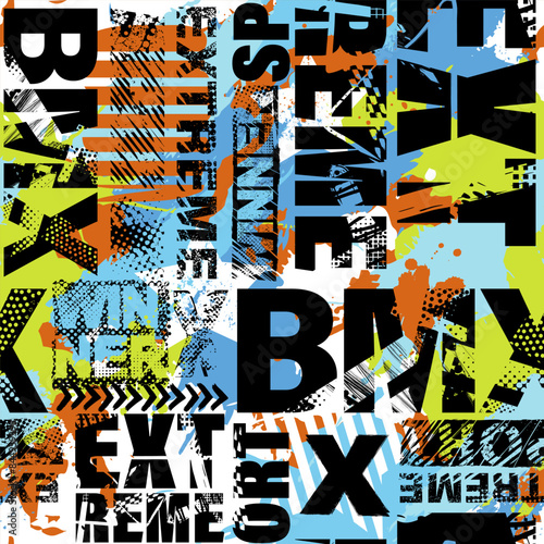 Abstract seamless grunge pattern for guys. Urban style modern background with boy on bicycle BMX and skateboards. Sport extreme style creative wallpaper