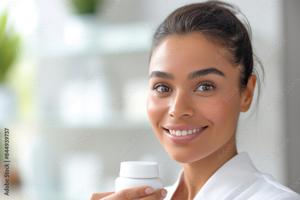Confident pharmacist woman holding pills in white bottle, smiling warmly. Expertise and professionalism in healthcare products, promoting trust and care. White background for product mockups Confident pharmacist woman holding pills in white bottle, smiling warmly. Expertise and professionalism in healthcare products, promoting trust and care. White background for product mockups