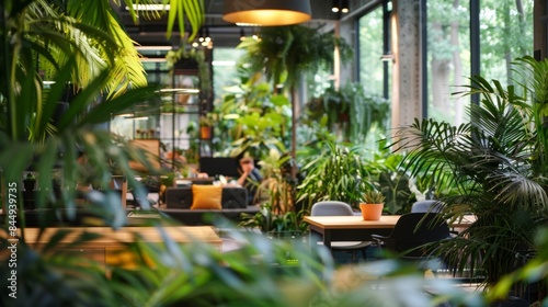 Defocused botanical haven A natural paradise within the workspace with various types of plants strategically p to improve the overall wellbeing and productivity of employees. . photo