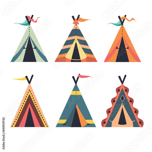 Six colorful teepees arranged two rows, featuring unique geometric patterns color schemes. Flat design style Native American tents used portable dwellings. Teepee icons suitable educational