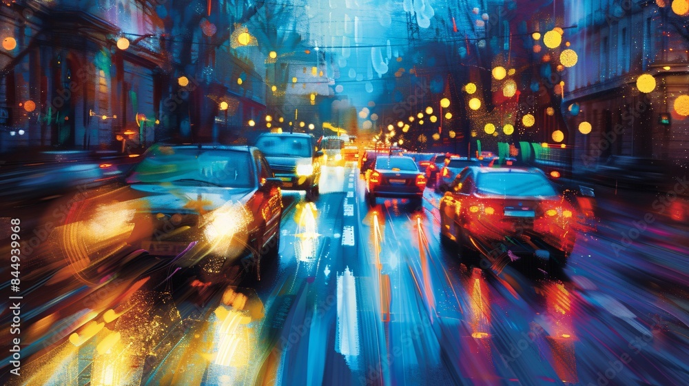 A City Street After Rain at Night A City Street After Rain at Night