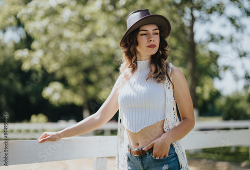 A fashionable young woman wearing a cowboy hat and casual clothes standing by a fence on a sunny day in a rural setting.