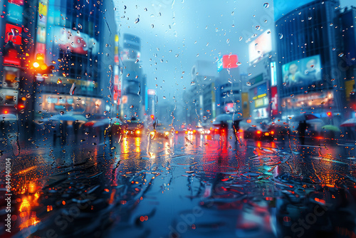 A cityscape blurred by heavy rain, with people hurrying under umbrellas. Concept of urban hustle and bustle despite the rain. Generative Ai. photo