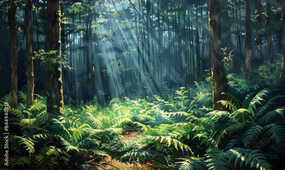 Sunlit forest with ferns Sunlit forest with ferns