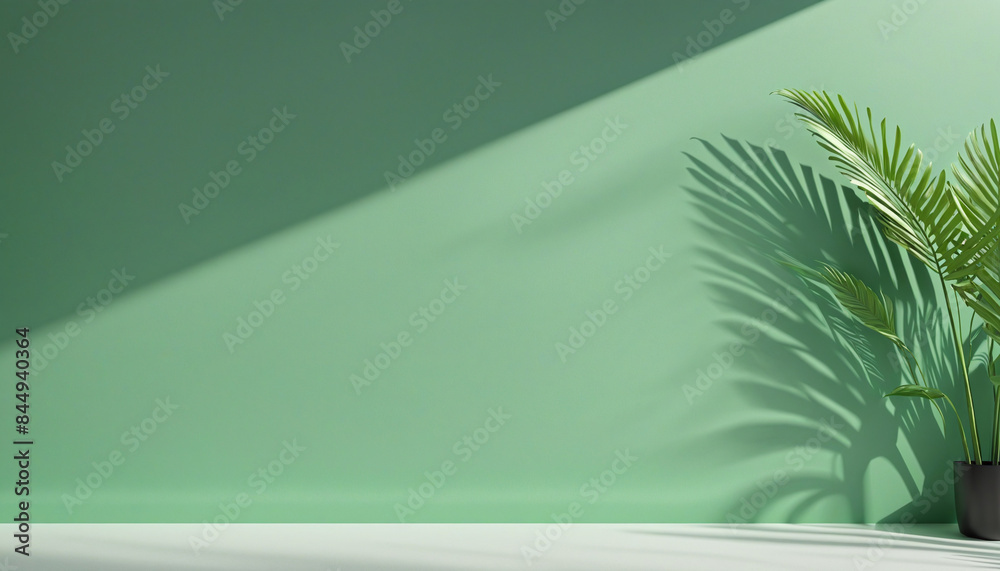 Modern three-dimensional product presentation with a tropical palm leaf shadow on a fresh green background, illuminated by bright sunlight for a minimal and organic showcase scene Modern three-dimensional product presentation with a tropical palm leaf shadow on a fresh green background, illuminated by bright sunlight for a minimal and organic showcase scene