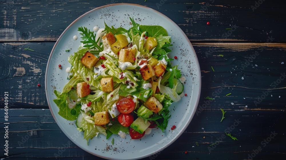 Fresh Caesar salad served on a white plate on a dark wooden table Captured from above Fresh Caesar salad served on a white plate on a dark wooden table Captured from above