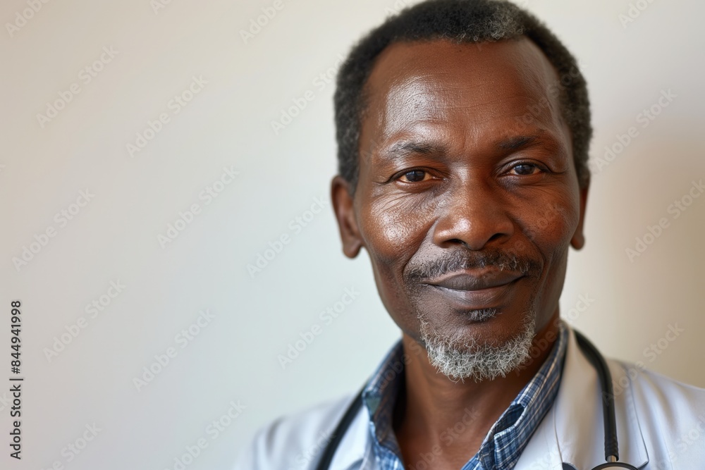 Smiling black doctor in a medical setting exudes trust and expertise, with ample copy space for text Smiling black doctor in a medical setting exudes trust and expertise, with ample copy space for text