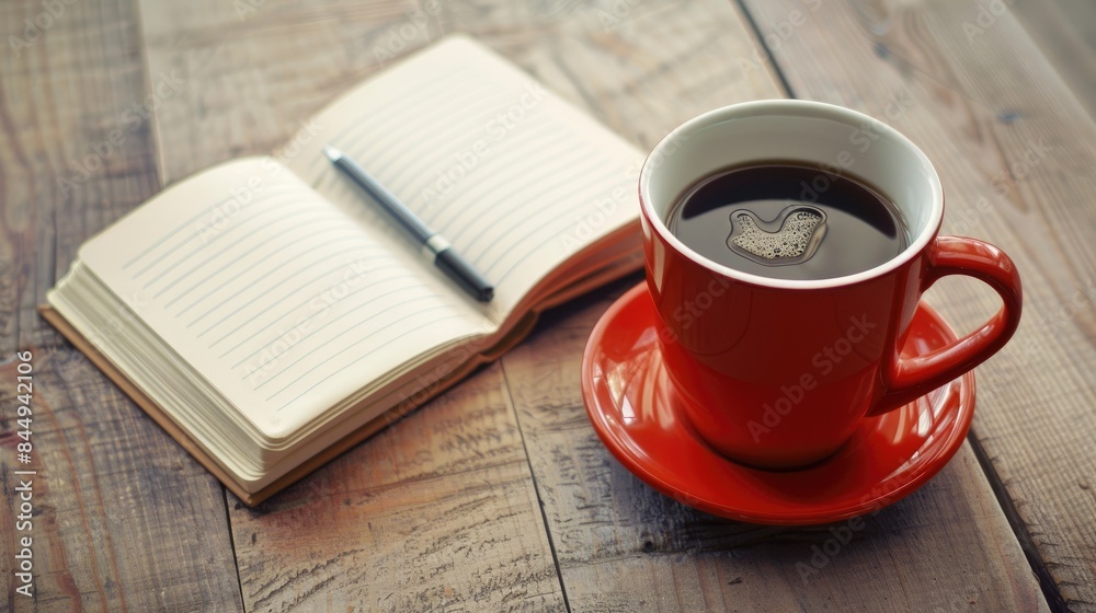 Empty notebook and mug of coffee Empty notebook and mug of coffee