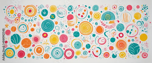 Colorful 90s-inspired transparent abstract doodle shapes for a cheerful children's party celebration