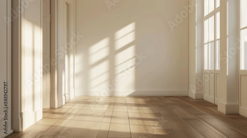 Empty living room with sunlight, wooden floor, white wall. Repair. Background.