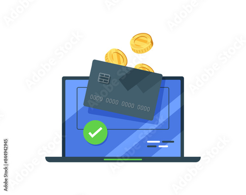 Gold coin falls on credit card,laptop with credit card flat vector illustration isolated on white background,online bank operation concept