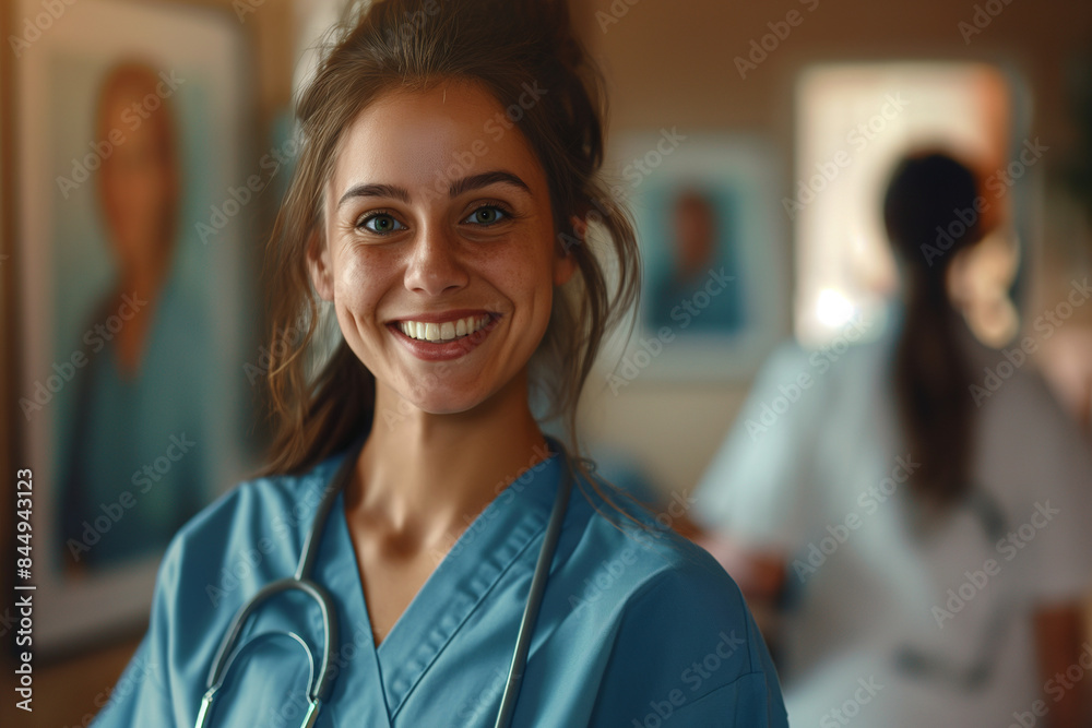 A young female healthcare worker smiles warmly, wearing blue medical scrubs with a stethoscope around her neck