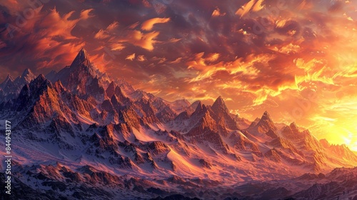 Beautiful sky is filled with clouds and sun is setting behind the mountains background