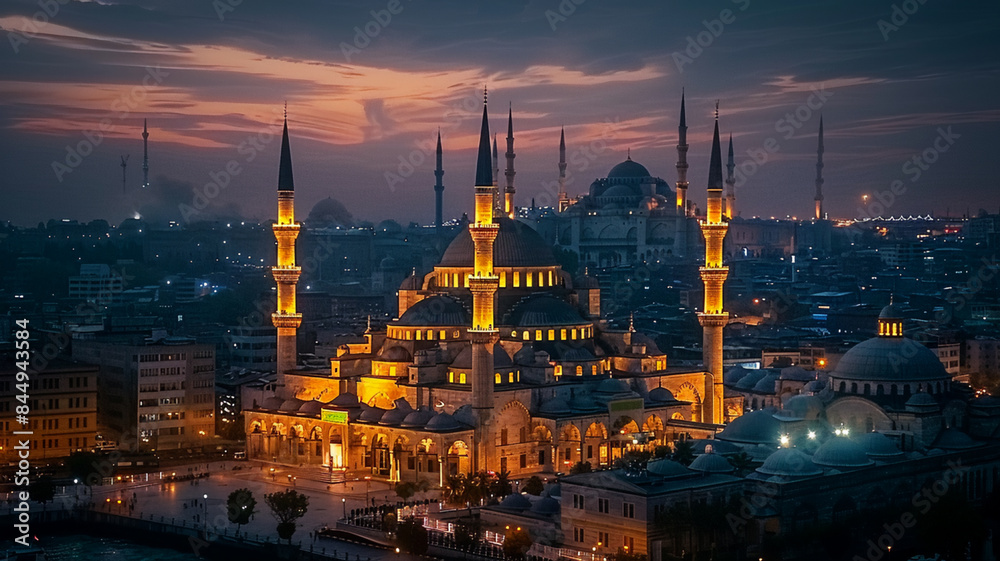 Obraz premium Illuminated minarets rise at famous Blue Mosque, AI Generative.