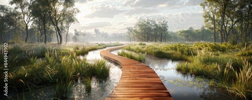Wooden boardwalk through a marsh photo