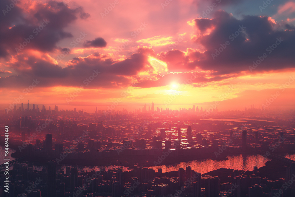 Fototapeta premium A dramatic sunset sky casts warm light over a vast cityscape with skyscrapers and bridges