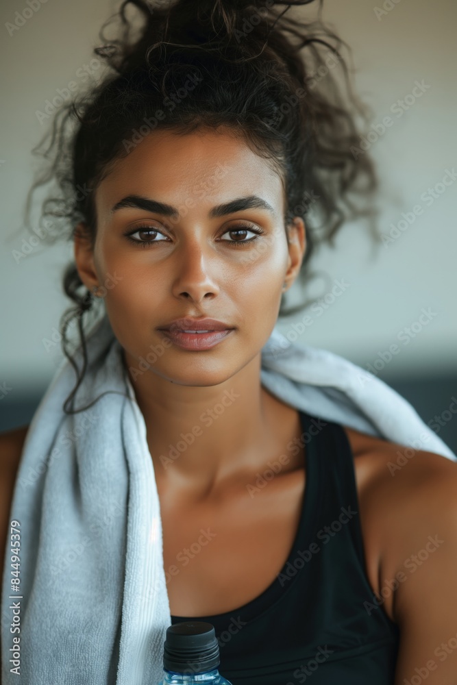 Young woman in sportswear takes a break at the gym, hydrating and relaxing after a workout. Her confident and determined demeanor reflects her commitment to a healthy lifestyle