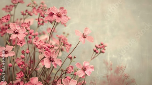 Spring Saxifraga Pink Wildflowers with Vintage Floral Background