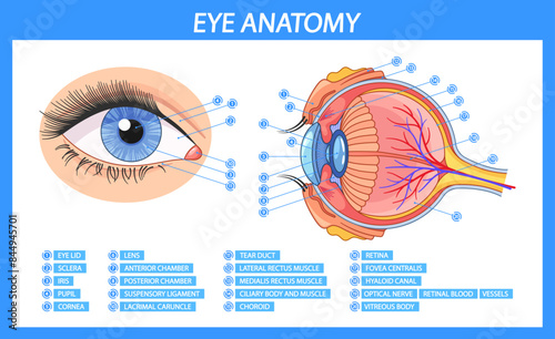 Vector Infographic Showcases The Detailed Anatomy Of Human Eye, Complete With Labelled Parts Such As The Lens