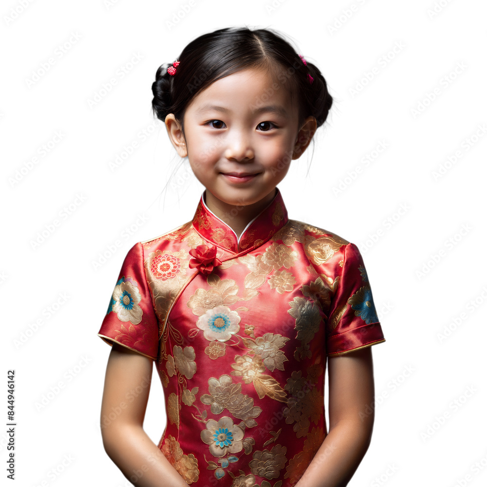 Smiling girl in traditional Chinese dress with floral pattern Smiling girl in traditional Chinese dress with floral pattern