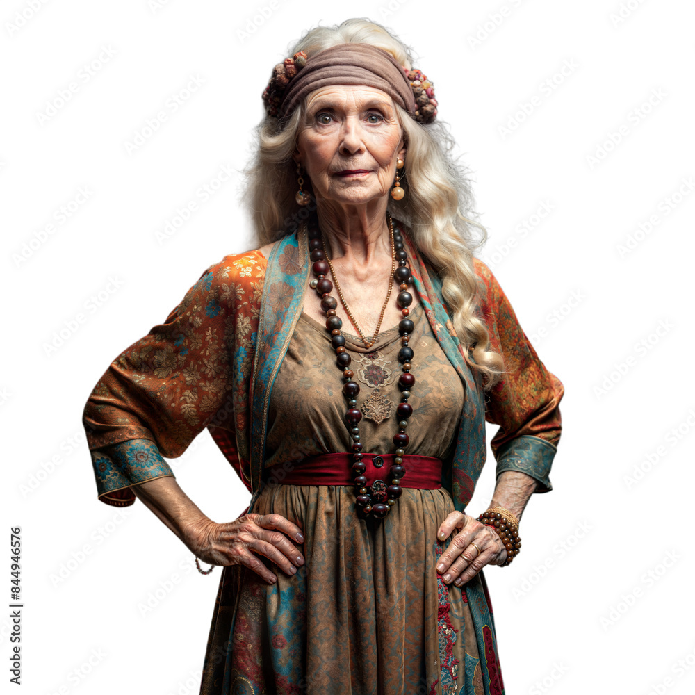 Elderly woman in bohemian attire on a transparent background Elderly woman in bohemian attire on a transparent background