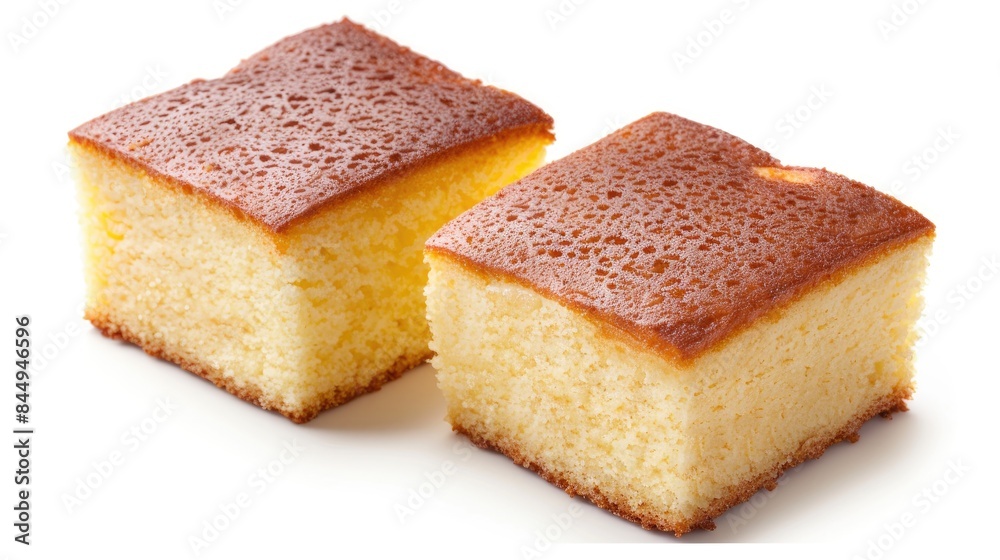 Isolated sweet Castella cake made with egg and sugar on a white background with clipping path Isolated sweet Castella cake made with egg and sugar on a white background with clipping path