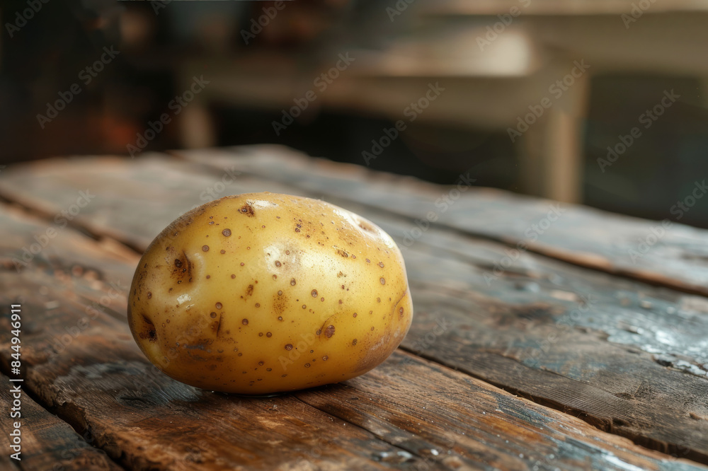 A single, golden-brown, unpeeled potato on a rustic wooden table with dramatic lighting.. AI generated. A single, golden-brown, unpeeled potato on a rustic wooden table with dramatic lighting.. AI generated.