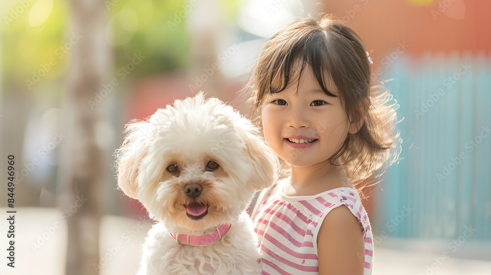 プードルと一緒に見つめる日本人の女の子 プードルと一緒に見つめる日本人の女の子
