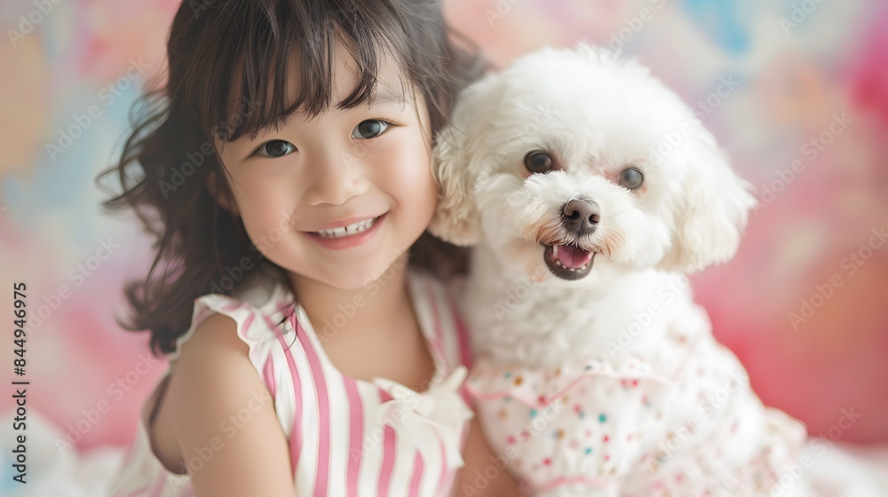 プードルと一緒に見つめる日本人の女の子 プードルと一緒に見つめる日本人の女の子