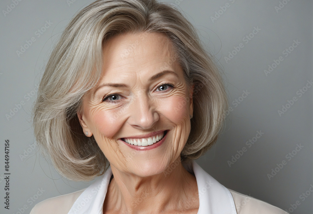 Elderly woman exuding beauty and joy, standing against a grey background with a genuine smile on her face