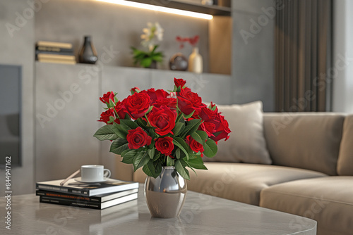 Elegant Red Roses on Modern Living Room Table