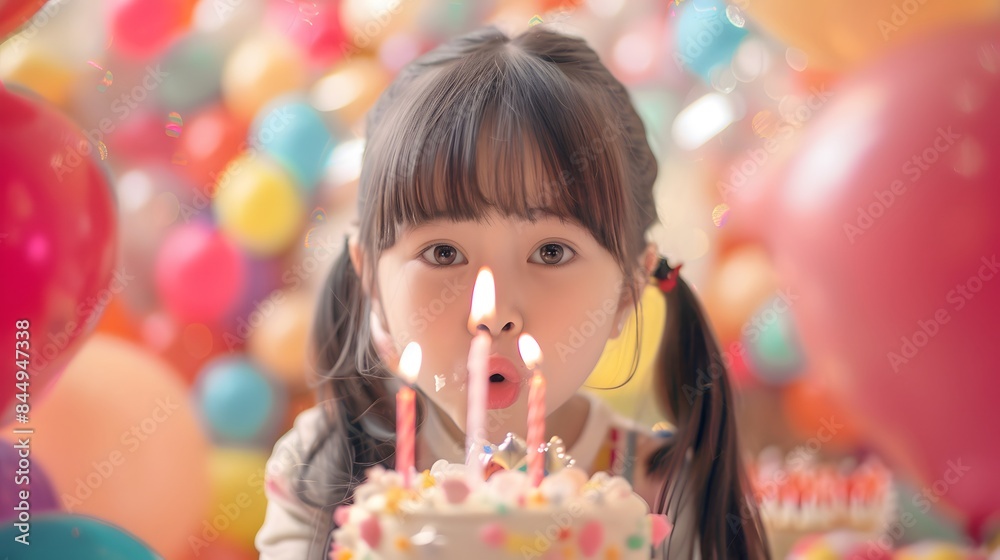 誕生日ケーキのろうそくを吹く日本人の女の子 誕生日ケーキのろうそくを吹く日本人の女の子