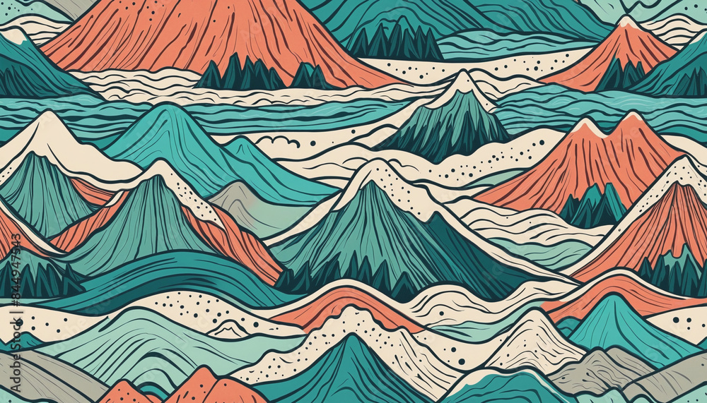 Abstract hand-drawn mountain landscape seamless pattern in colorful cartoon style for wallpaper or fabric design Abstract hand-drawn mountain landscape seamless pattern in colorful cartoon style for wallpaper or fabric design