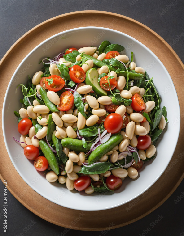 Top-Down Shot of a Healthy and Fresh Vegetarian Mediterranean White Bean Salad Bowl