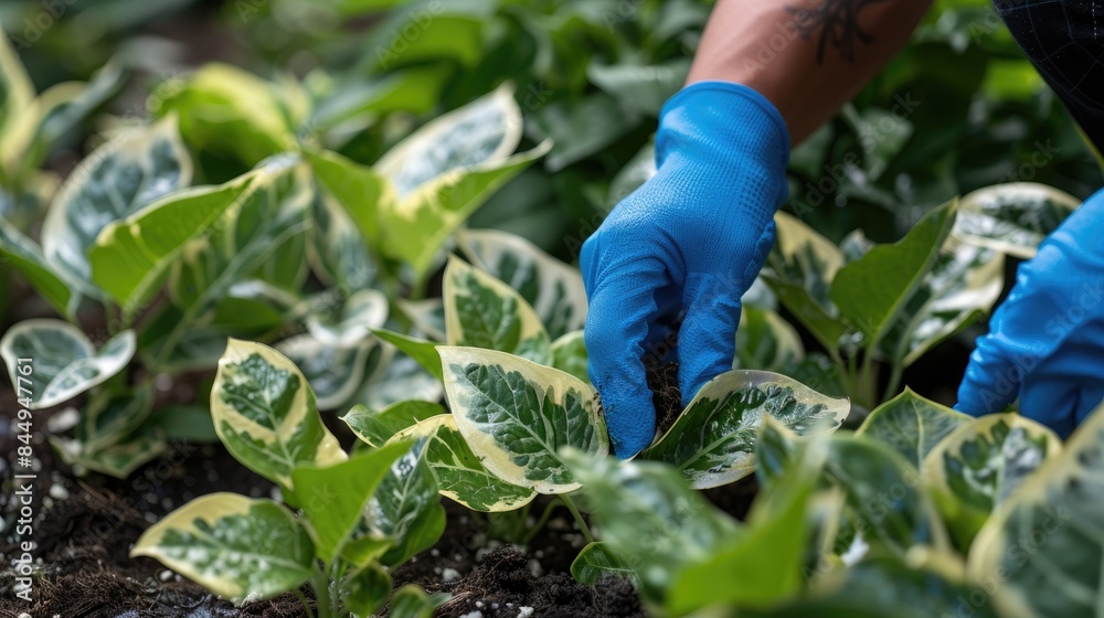 Naklejka premium Person with a blue glove is delicately transplanting young variegated green and white plants showcasing gardening skills
