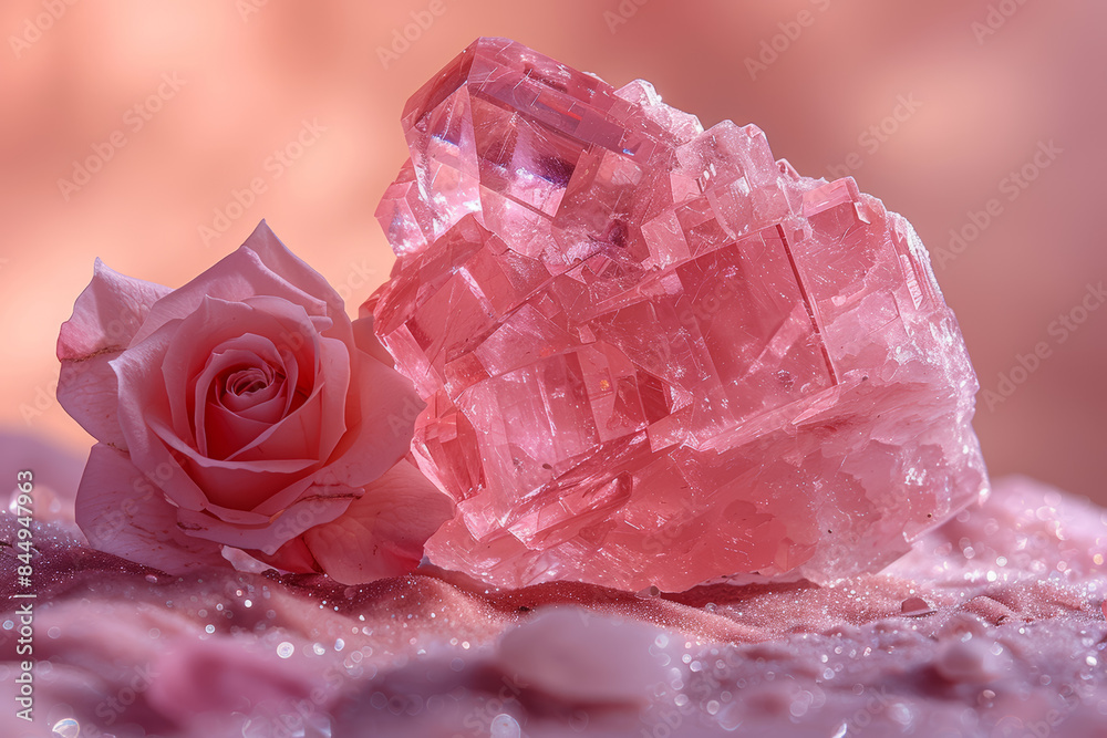Morganite on a pastel rose background. Concept of love and compassion. Generative Ai. Morganite on a pastel rose background. Concept of love and compassion. Generative Ai.