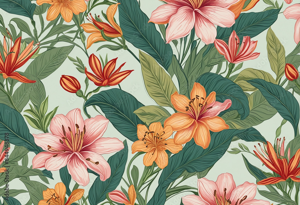 Modern floral botanical pattern wallpaper featuring a seamless, artistic design inspired by 20th century textile art Modern floral botanical pattern wallpaper featuring a seamless, artistic design inspired by 20th century textile art