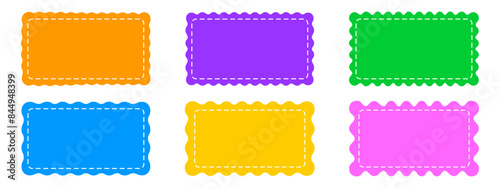 Set or colorful rectangle patches with scalloped borders and stitch lines. Tags, labels, or coupons rectangular boxes with curvy edges isolated on white background. Vector flat illustration.
