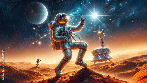 Astronauts dancing in space. Man moving on the sand. Spacecraft and entertainment