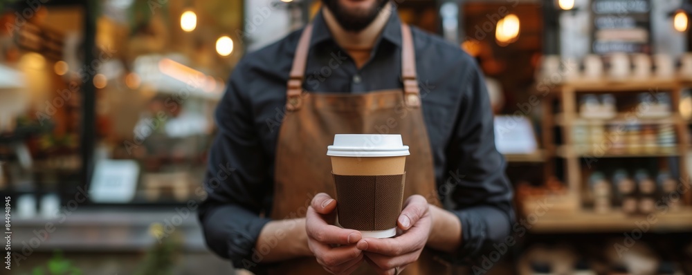 A barista holds a cup of coffee in front of a coffee shop counter A barista holds a cup of coffee in front of a coffee shop counter