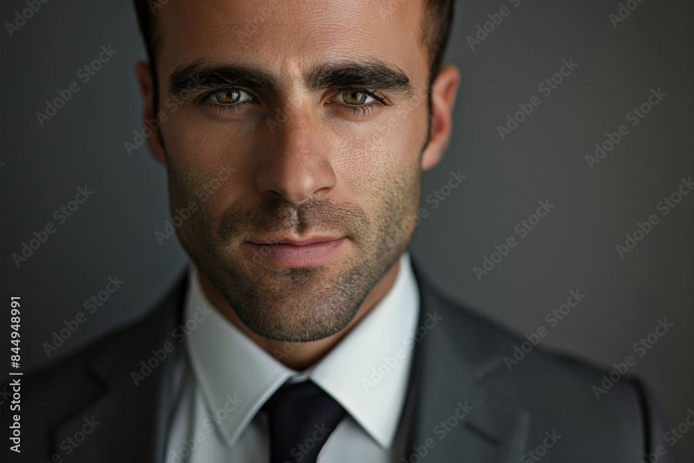 Young businessman in a suit and tie looks confident and determined, reflecting success in the corporate world. His serious expression and stylish appearance make him a leader in finance Young businessman in a suit and tie looks confident and determined, reflecting success in the corporate world. His serious expression and stylish appearance make him a leader in finance