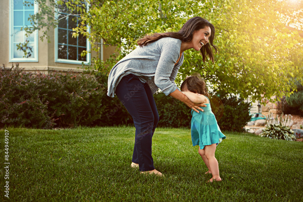 Mother, child and happy with playing in garden for fun activity, bonding and smile outdoor in home. Family, woman and daughter on grass of house with care, explore and healthy relationship in nature Mother, child and happy with playing in garden for fun activity, bonding and smile outdoor in home. Family, woman and daughter on grass of house with care, explore and healthy relationship in nature