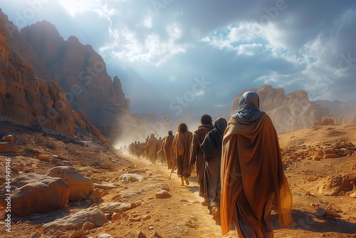 Escape from Egyptians: Moses Leads Israelites in Exodus Crossing Desert photo